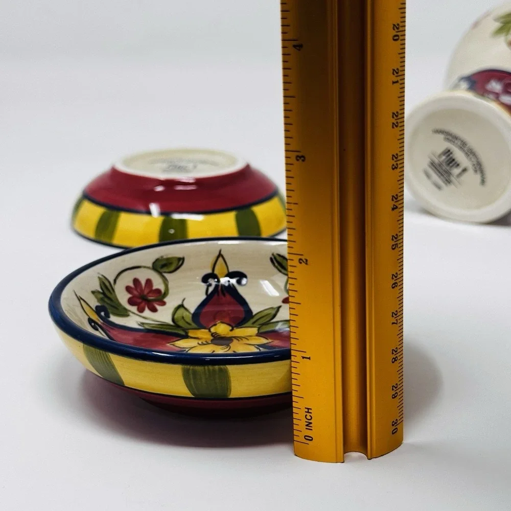Pier 1 Vallarta Hand Painted Earthenware Oil Cruet & 4 Dip Bowls Floral Colorful